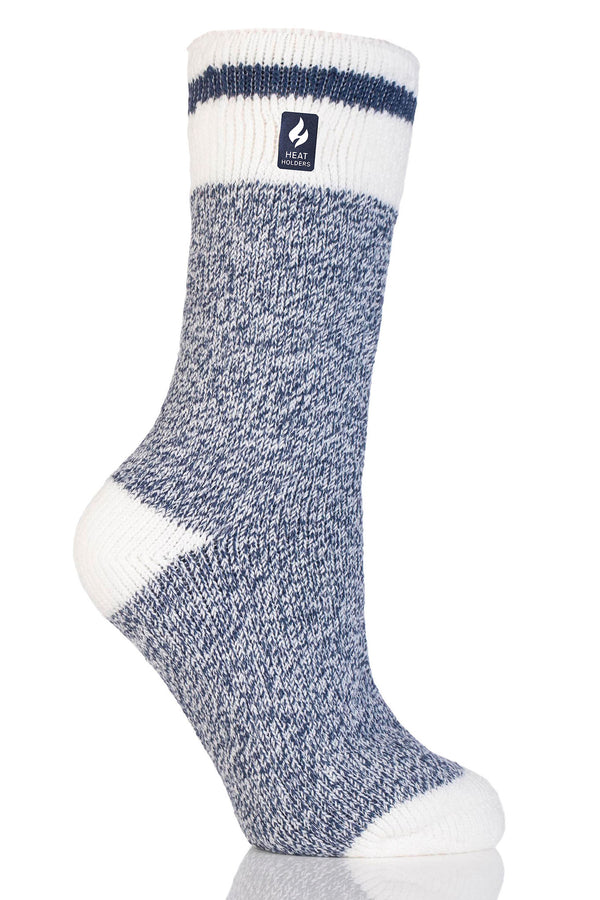 Heat Holders Women's Snowdrop Cream Block Twist Thermal Crew Sock Soft Navy